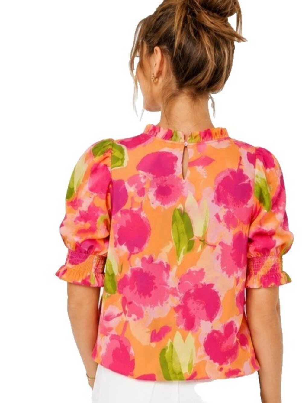 Les Amis Floral Blouse Medium Orange Pink Puff Sleeve Smocked Ruffle Top - Picture 2 of 10